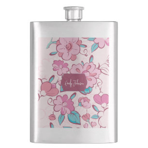 Elegante Pink Bloom Custom Name Floral Design Flachmann