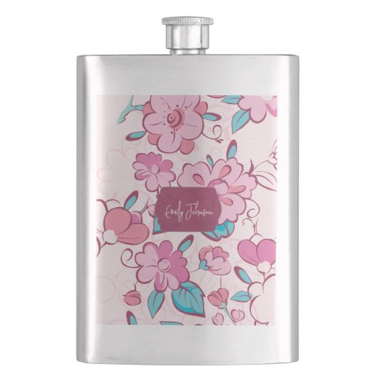 Elegante Pink Bloom Custom Name Floral Design Flachmann (Vorderseite)