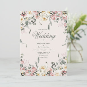 Elegante Pink Blush Elfenbein Blumen Hochzeit Einladung