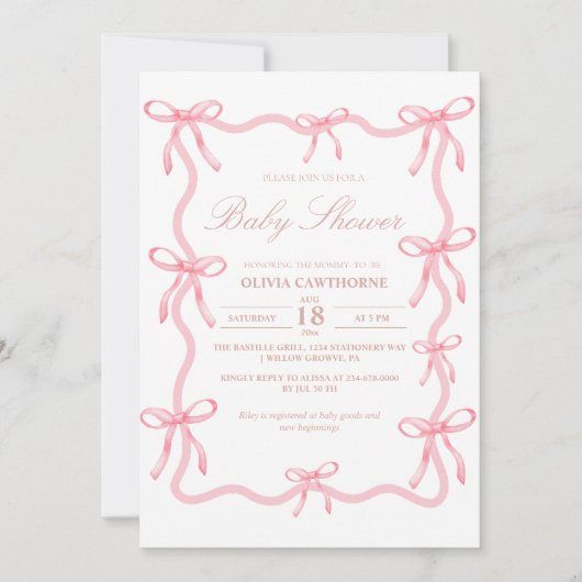 Elegante Pink Bow Baby Dusche Einladung (Vorderseite)
