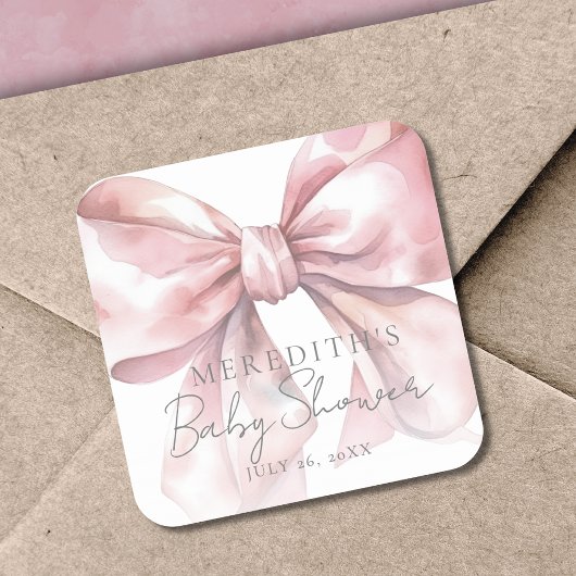 Elegante Pink Bow Baby Dusche Quadratischer Aufkleber