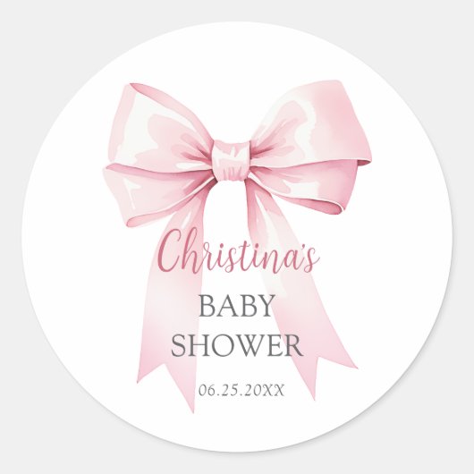 Elegante Pink Bow Girl Baby Dusche Runder Aufkleber (Vorderseite)