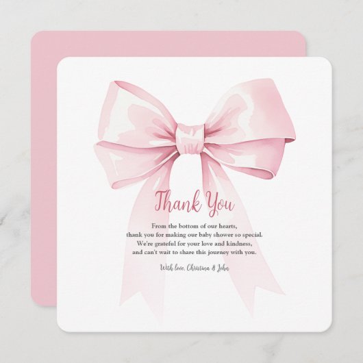 Elegante Pink Bow Girl Babydusche Danke Karte (Vorne/Hinten)