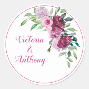 Elegante Pink Burgundy Blumenzettelschrift Hochzei Runder Aufkleber