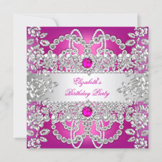 Elegante Pink Diamonds Silver Floral Geburtstagspa Einladung