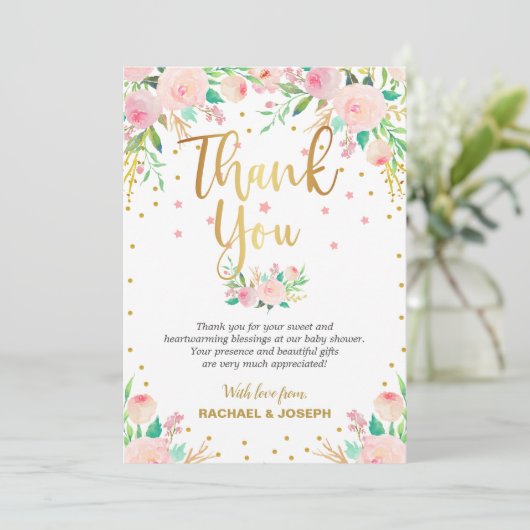 Elegante Pink Floral Baby Dusche Danke Karte (Stehend Vorderseite)