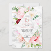 Elegante Pink Floral Diamond Script Quinceañera Einladung (Vorderseite)