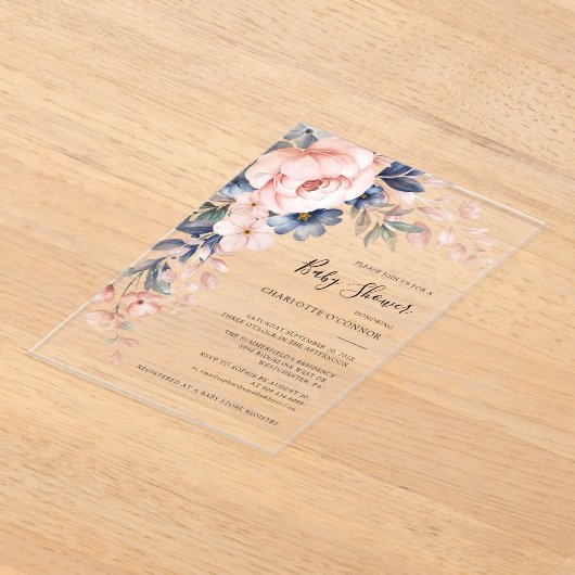 Elegante Pink Floral Girl Babydusche Acryleinladungen (Ablage )