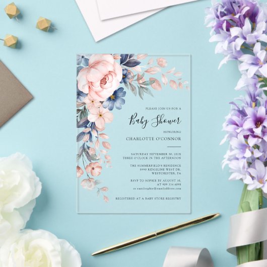 Elegante Pink Floral Girl Babydusche Acryleinladungen (In Situ (Hochzeit))