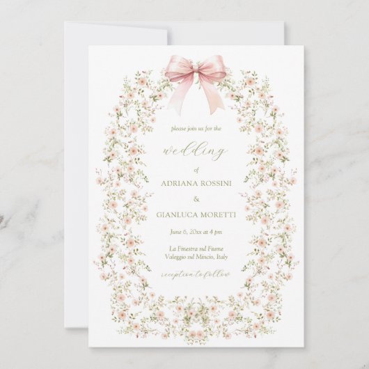 Elegante Pink Floral Girly Coquette Bow Wedding Einladung (Vorderseite)