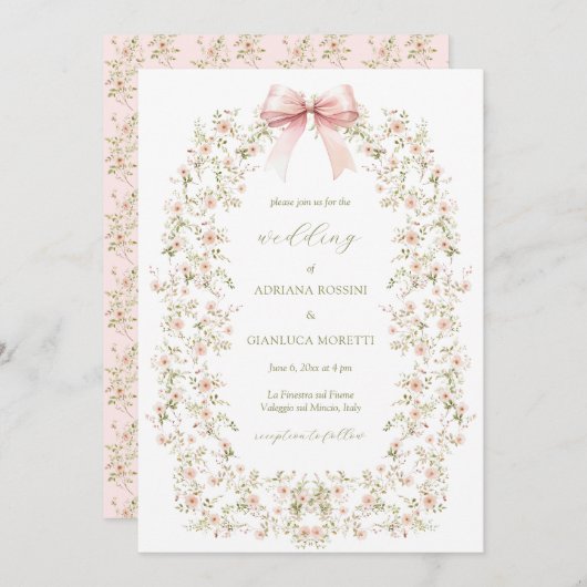 Elegante Pink Floral Girly Coquette Bow Wedding Einladung (Vorne/Hinten)