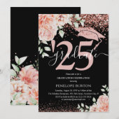 Elegante Pink Floral & Glitzer Graduation Party Einladung (Vorne/Hinten)