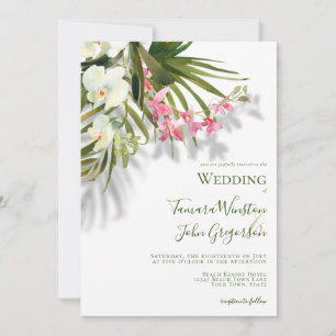 Elegante Pink Floral Palms Shadows Beach Hochzeit Einladung