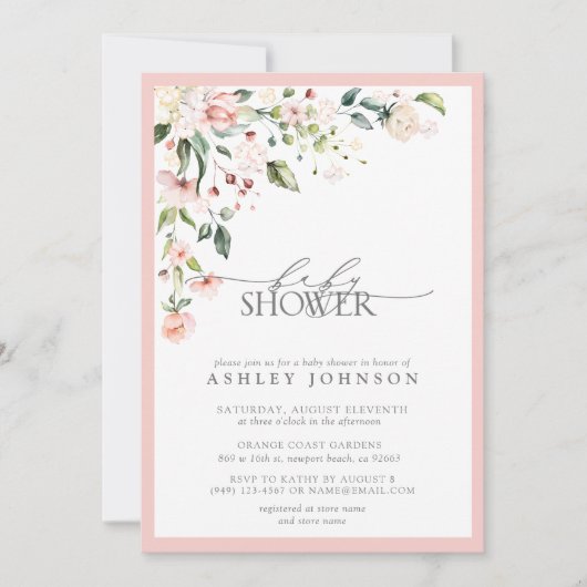 Elegante Pink Floral Script Girl Baby Dusche Einladung (Vorderseite)