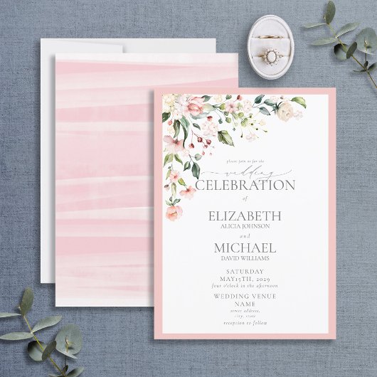 Elegante Pink Floral Watercolor Calligrafy Wedding Einladung