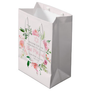 Elegante Pink Florale Bat Mizwa Jüdische Geburtsta Mittlere Geschenktüte