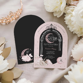 Elegante Pink Florals Moon Stars Tiara Quinceañera Einladung