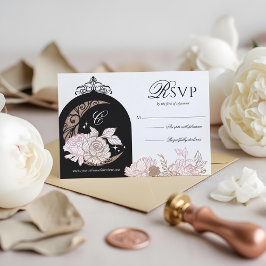 Elegante Pink Florals Moon Stars Tiara Quinceañera RSVP Karte