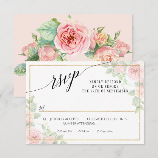 Elegante Pink Gold Floral Script Wasserfarbenhochz RSVP Karte (Vorne/Hinten)