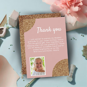 Elegante Pink Gold Glitter-Foto-Geburtstag Dankeskarte