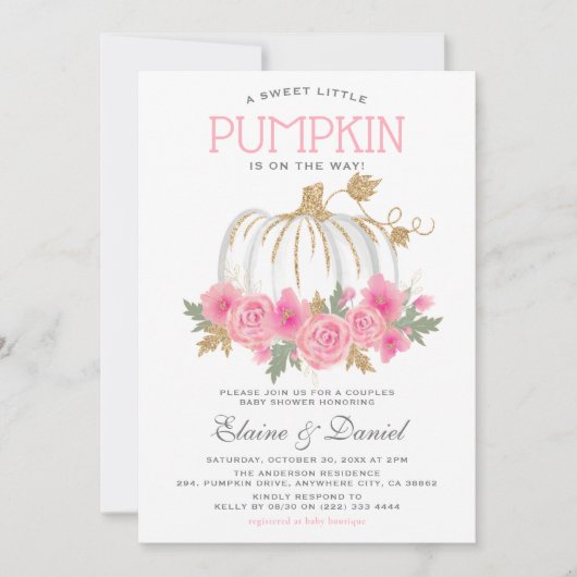Elegante Pink & Gold Paare Pumpkin Baby Dusche Einladung (Vorderseite)