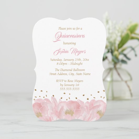 Elegante Pink Gold Peony Quinceanera Einladung (Stehend Vorderseite)