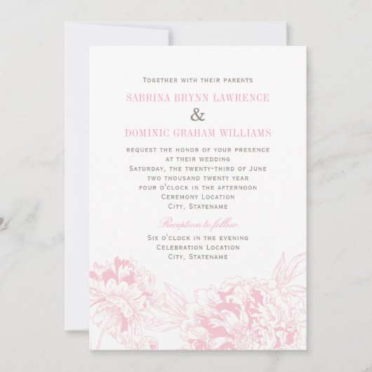 Elegante Pink Gray Floral Peony Wedding Einladung (Vorderseite)