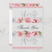 Elegante Pink Gray Floral Script Hochzeit Dankeskarte (Vorne/Hinten)