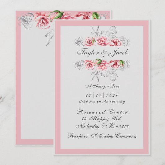 Elegante Pink Gray Floral Script Hochzeit Einladung (Vorne/Hinten)