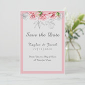 Elegante Pink Gray Floral Script Hochzeit Save The Date (Stehend Vorderseite)