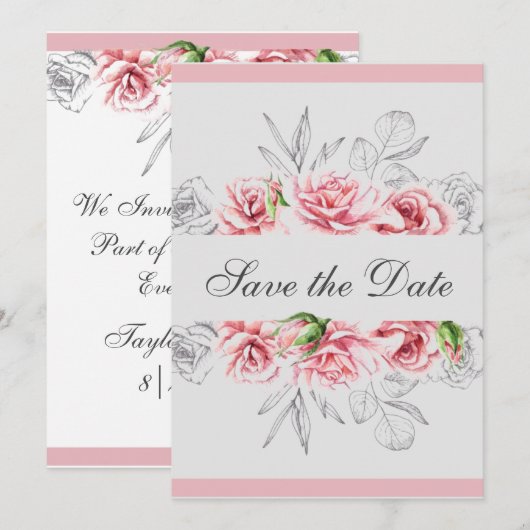 Elegante Pink Gray Floral Script Hochzeit Save The Date (Vorne/Hinten)