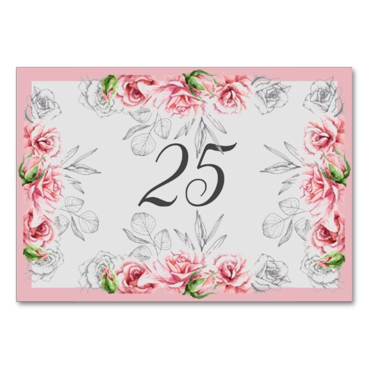 Elegante Pink Gray Floral Script Hochzeit Tischnummer (Vorderseite)