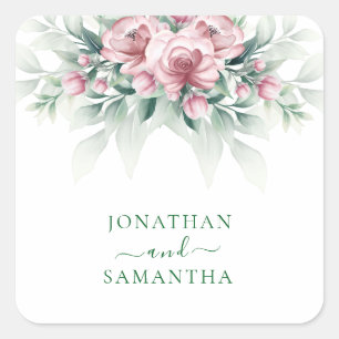 Elegante Pink Greenarry Moderne Hochzeit  Quadratischer Aufkleber