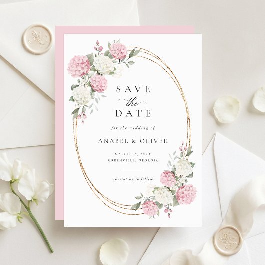 Elegante Pink Hydrangea Hochzeit Save the Date Einladung