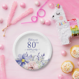 Elegante Pink Lila Floral 80. Geburtstagsparty Pappteller