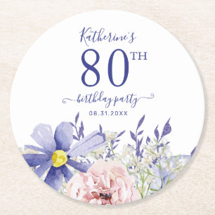 Elegante Pink Lila Floral 80. Geburtstagsparty Runder Pappuntersetzer