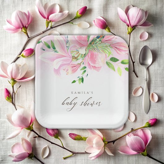Elegante Pink Magnolia Watercolor Babydusche Pappteller