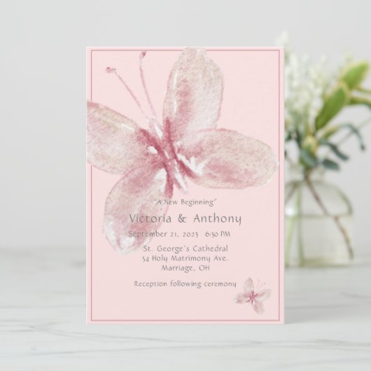 Elegante Pink Mauve Watercolor Butterfly Wedding Einladung (Stehend Vorderseite)