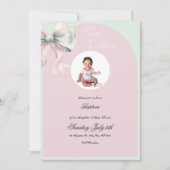 Elegante Pink Mint Bow Taufe für Baby Girl Einladung (Vorderseite)