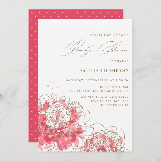 Elegante Pink Modern Peonies Floral Baby Dusche Einladung (Vorne/Hinten)
