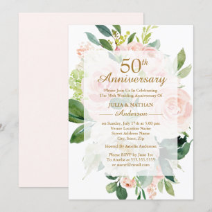 Elegante Pink Peach Blüten 50. Hochzeitstag Einladung