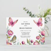 Elegante Pink Peonies & Butterfly Girl Babydusche Einladung (Stehend Vorderseite)