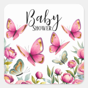 Elegante Pink Peony & Butterflies Girl Baby Shower Quadratischer Aufkleber