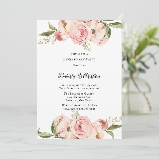 Elegante Pink Peony Floral Engagement Party Einladung (Stehend Vorderseite)