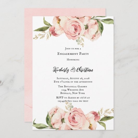 Elegante Pink Peony Floral Engagement Party Einladung (Vorne/Hinten)