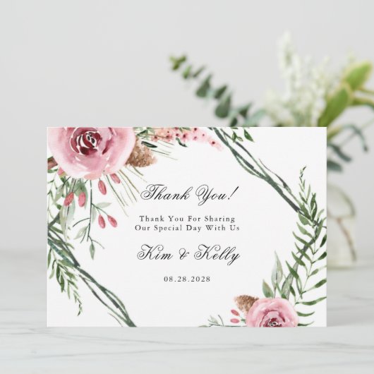 Elegante Pink Peony Green Fern Danke Karten (Stehend Vorderseite)