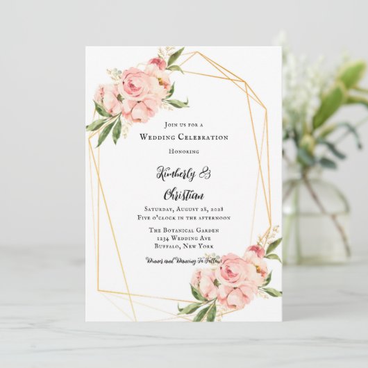 Elegante Pink Peony Watercolor Blumenhochzeit Einladung (Stehend Vorderseite)