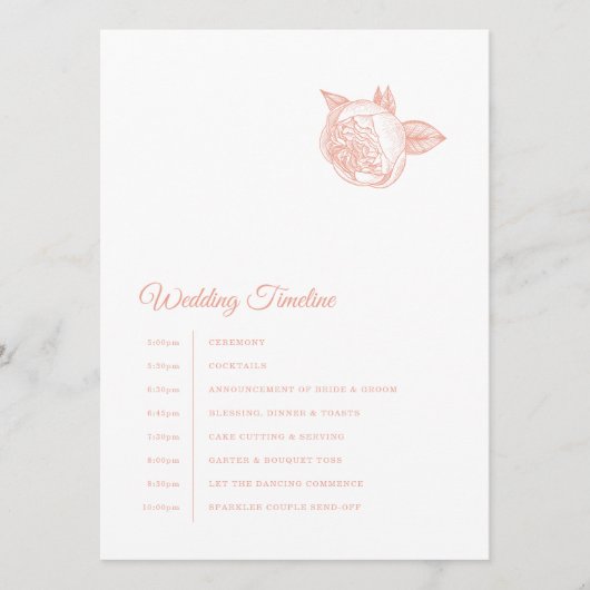 Elegante Pink Peony Wedding Timeline Programm (Vorderseite)