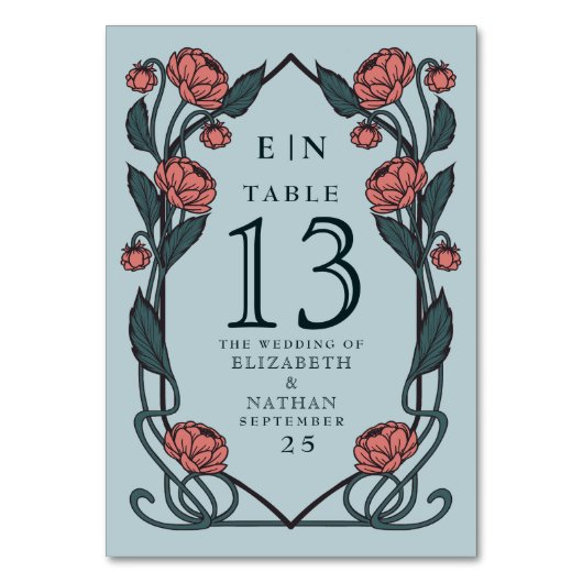 Elegante Pink Pfingstrose Art Nouveau Florale Hoch Tischnummer (Vorderseite)