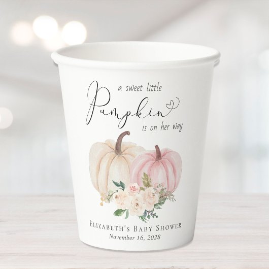 Elegante Pink Pumpkin Floral Girl Baby Shower Pappbecher